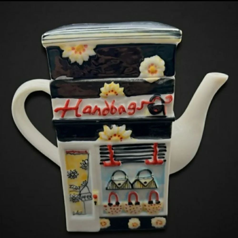 Cute Vintage Handbag Storefront and Bank Teapot Tea Pot With Lid